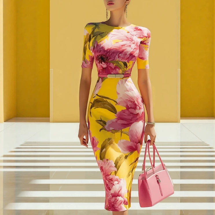 Women's Floral Print Short Sleeve Round Neck Ruched Slim Midi Dress