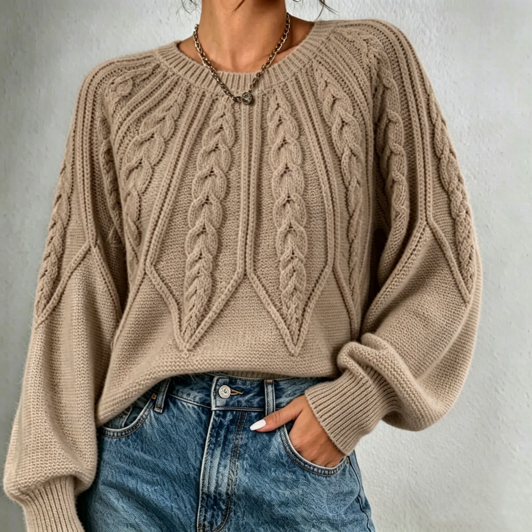 Women's Cable-Knit Crewneck Pullover Sweater Long-Sleeve Solid Color
