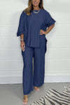 Acetate Satin Wide-Leg Pants Set with Lantern Sleeve Top