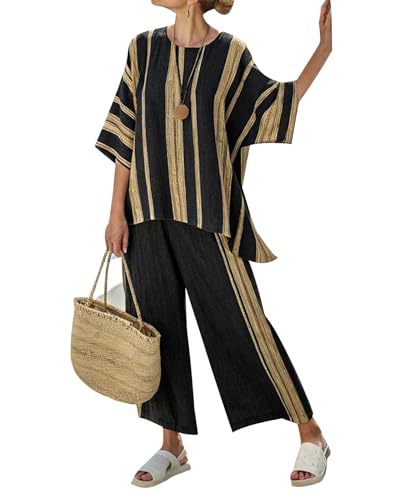 Women's Striped Print Crewneck 3/4 Sleeve Top & Pants Casual Set