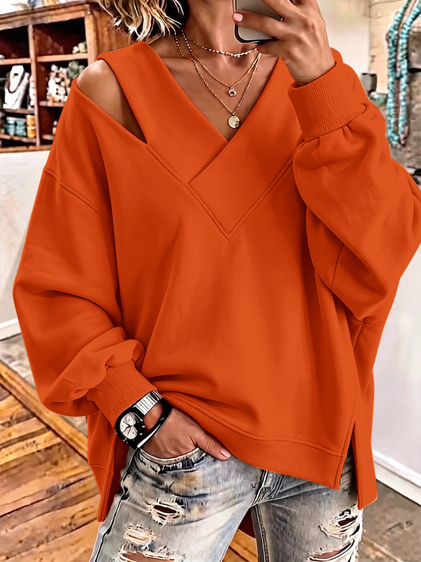 One-Shoulder V-Neck Loose Sweatshirt with Side Slit