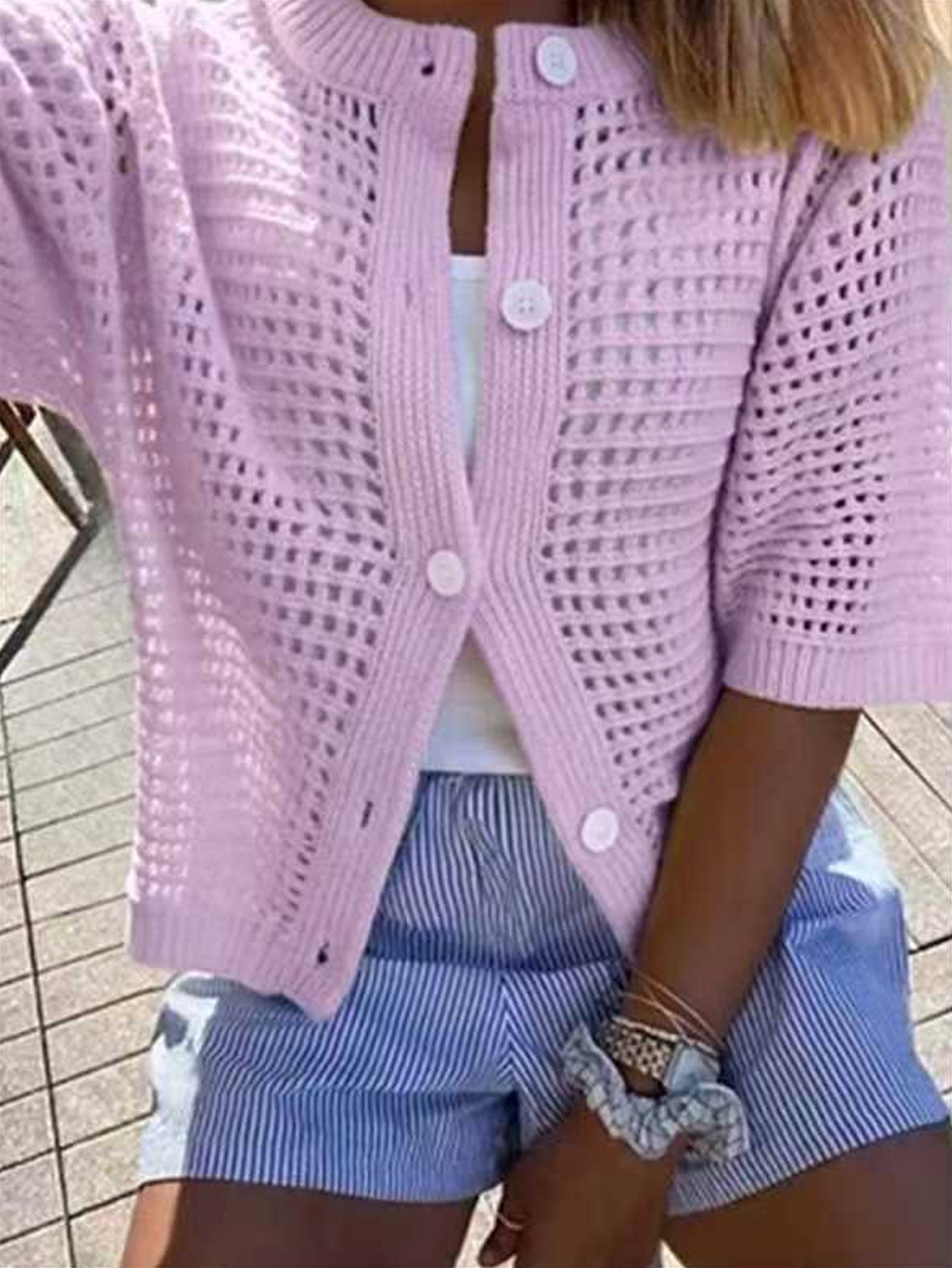 Women's French Style Crewneck Hollow Knit Short Sleeve Cardigan Sweater