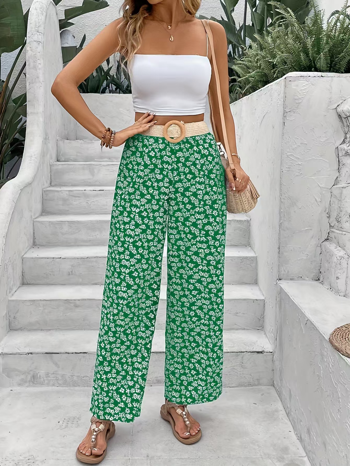 Floral Print Wide-Leg Casual Pants