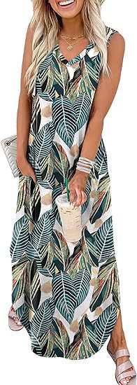 Women's Sleeveless V-Neck Maxi Dress with Pockets for Beach Vacation