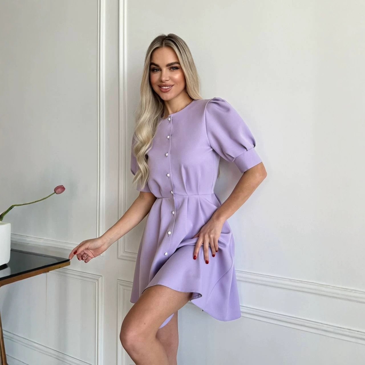 Round Neck Waist-Cinching Ruffle Short Sleeve Dress