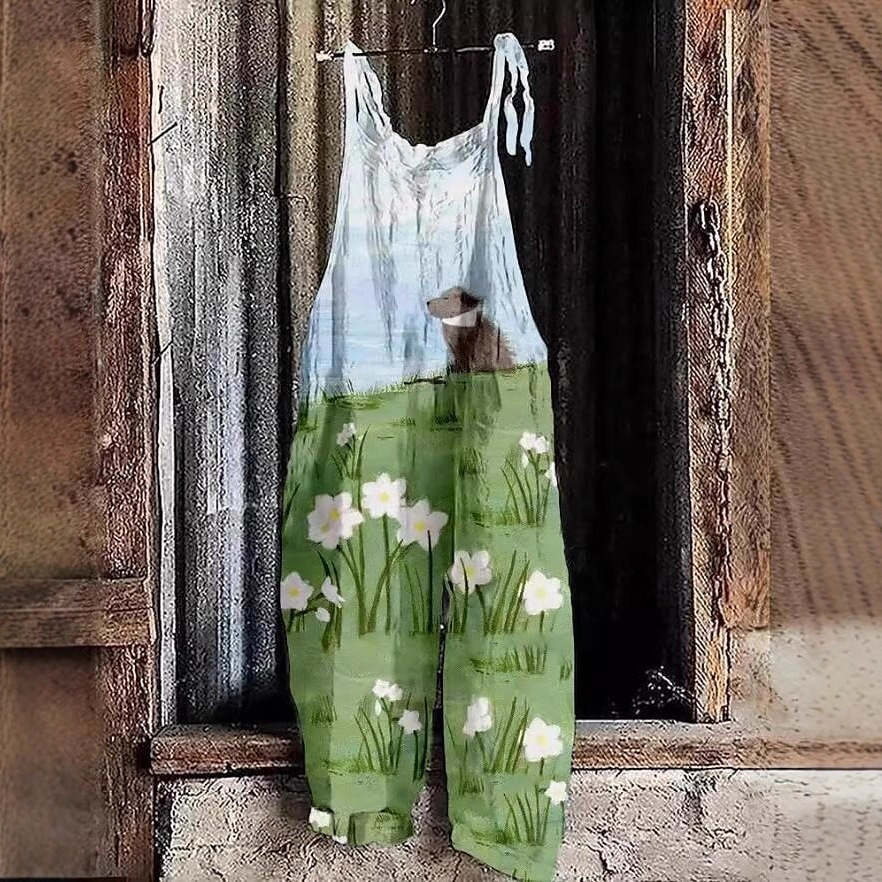 Women's Vintage Floral Print Sleeveless Jumpsuit Casual Tie-Waist