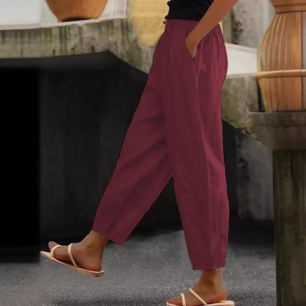Women's Cotton-Linen Blend Solid Color Casual Pants with Side Pockets and Drawstring
