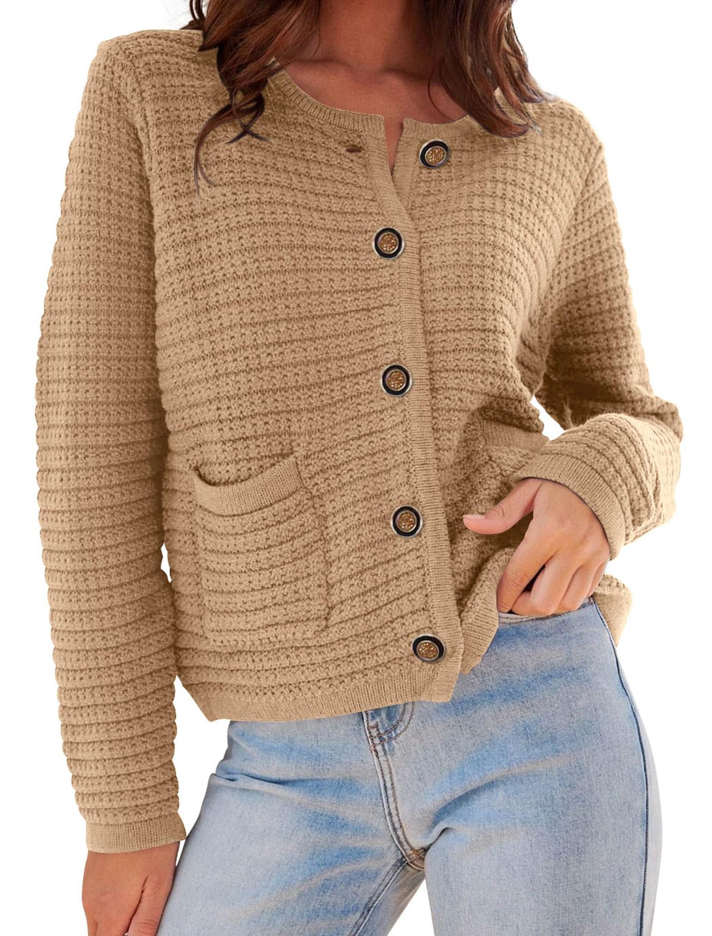 Women's Chic Knit Cardigan Short Crew Neck Single-Breasted Coat
