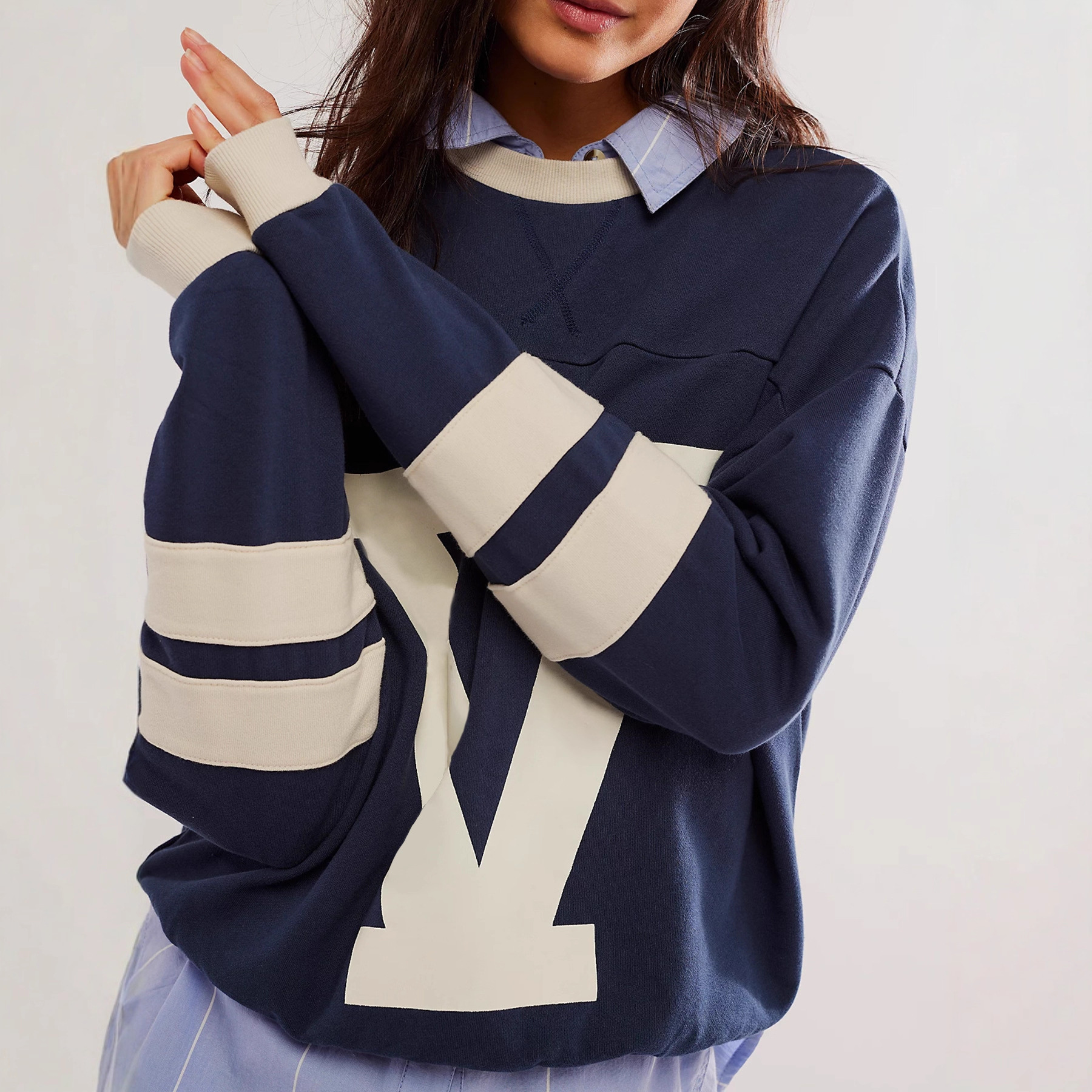 Women's American Street Colorblock Letter Print Loose Pullover Sweatshirt