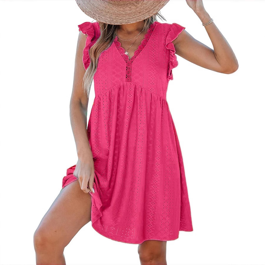 Women's V-Neck Lace Trim Cutout Short Sleeve Smock Dress