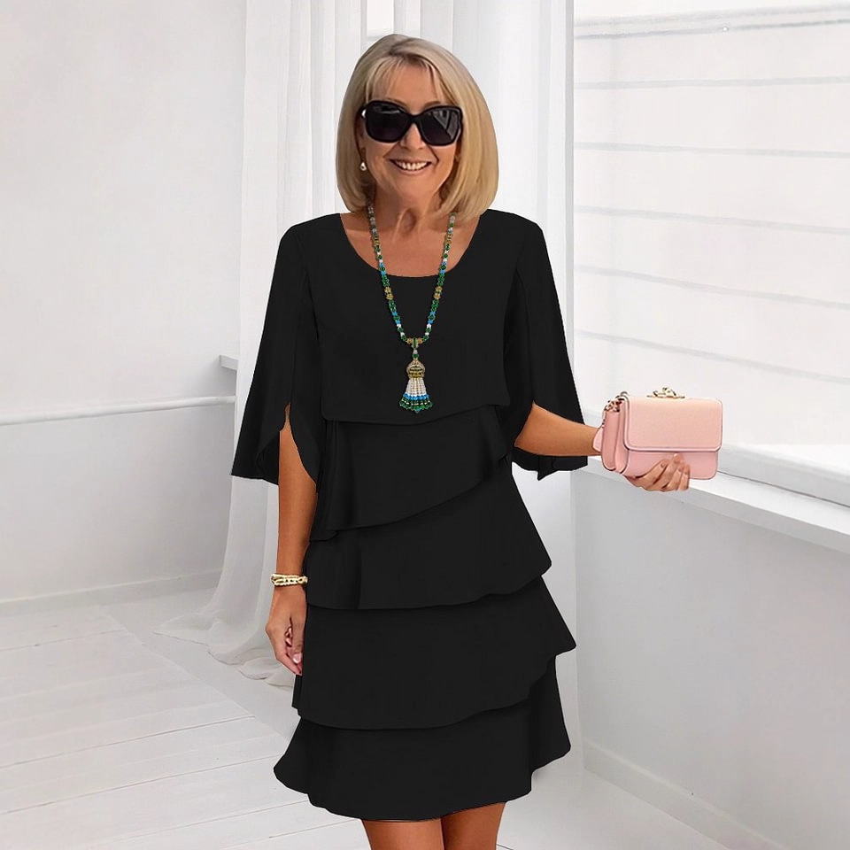 Women's Solid Color Round Neck Tiered Midi Dress
