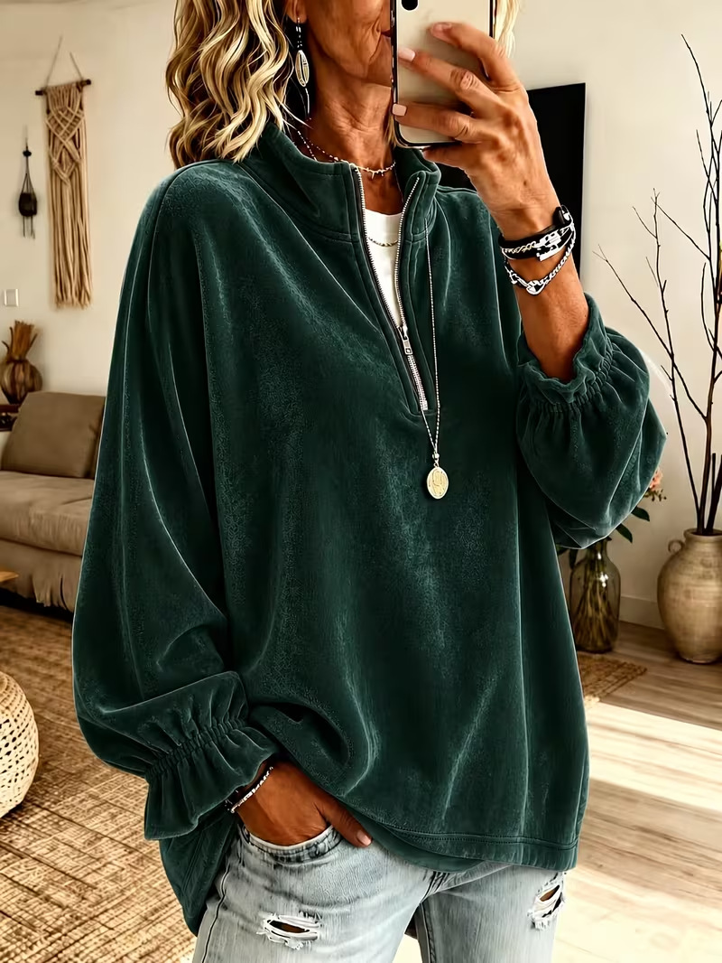 Women's Casual Zip-Up Loose Sweatshirt with Turn-Down Collar