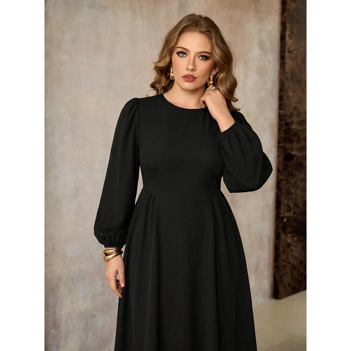 Women's Plus Size Black Long Dress with Lantern Sleeves and Waist Tie