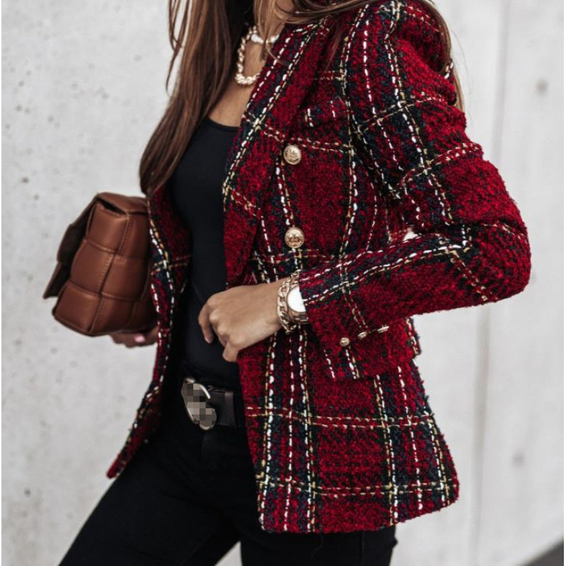 Women's Long Sleeve Double-Breasted Blazer with Suit Collar and Print