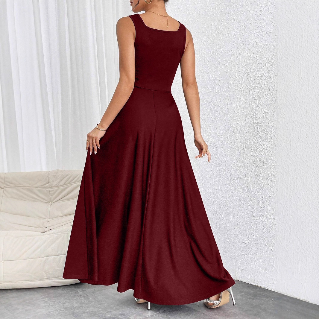 Elegant Square Neck Sleeveless Solid Color Maxi Dress