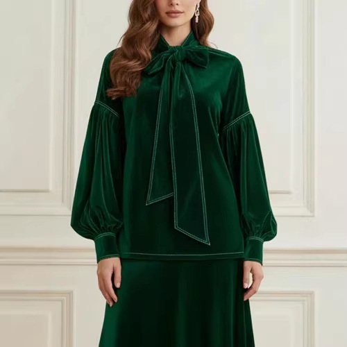 High Neck Bow Velvet Bubble Sleeve Mini Dress with Cinched Waist