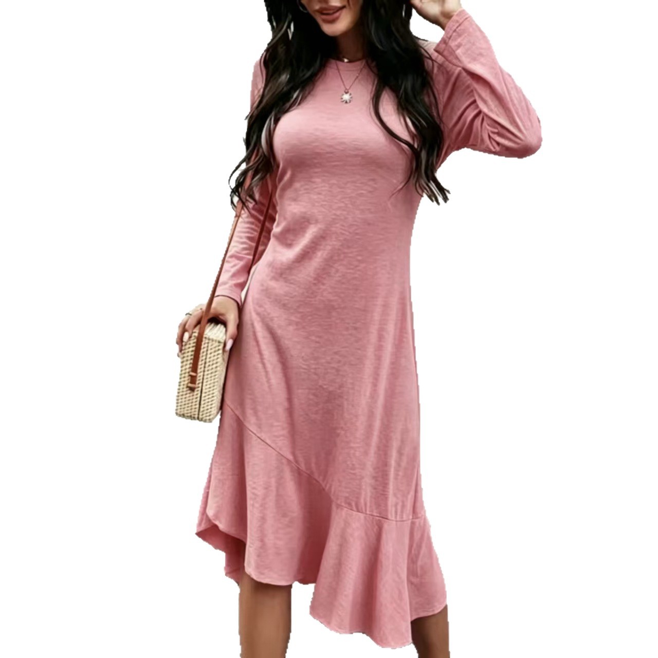 Women's Long Sleeve Round Neck Casual Split Spliced Asymmetrical Dress