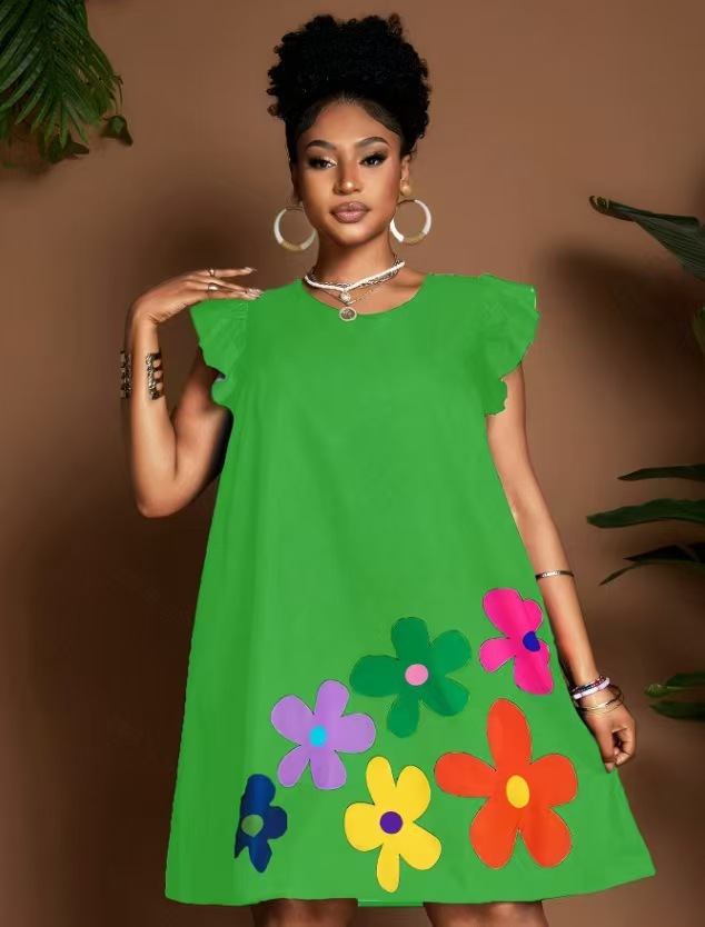 Women's Floral Print A-Line Dress with Round Neck and Ruffle Sleeves