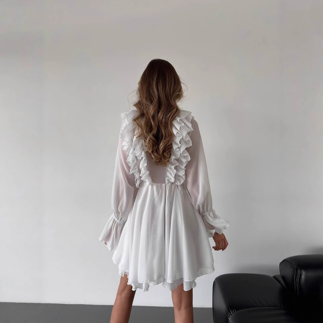 Flowy Chiffon V-Neck Ruffle A-Line Dress with Tie and Long Sleeves