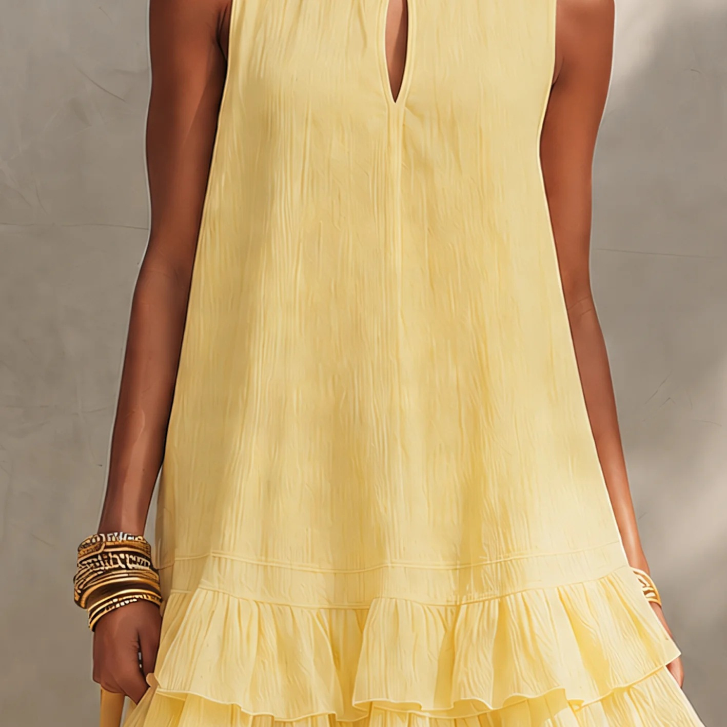 Light Yellow Textured Boat Neck Sleeveless A-Line Dress with Cutout and Double Ruffle