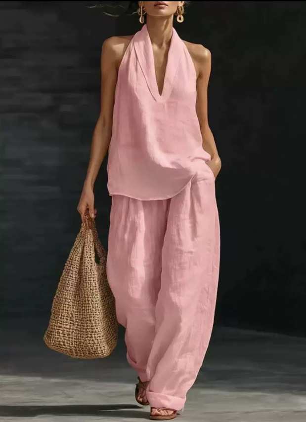 Women's Sleeveless Loose Cold-Shoulder Top & Wide-Leg Pants Two-Piece Set