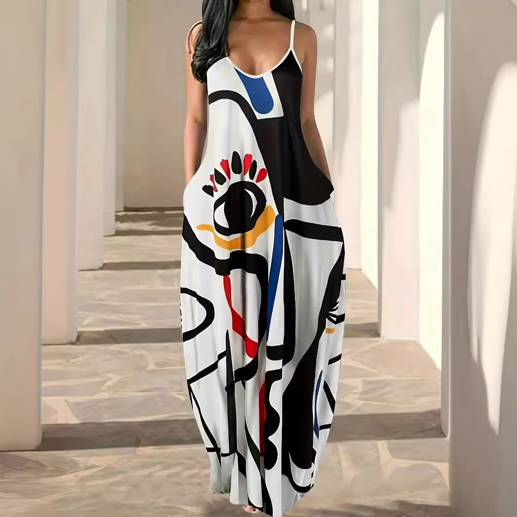 Abstract Face Print Sleeveless Maxi Dress