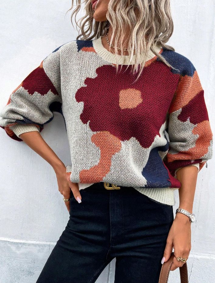 Women's Floral Jacquard Crewneck Long Sleeve Knit Sweater