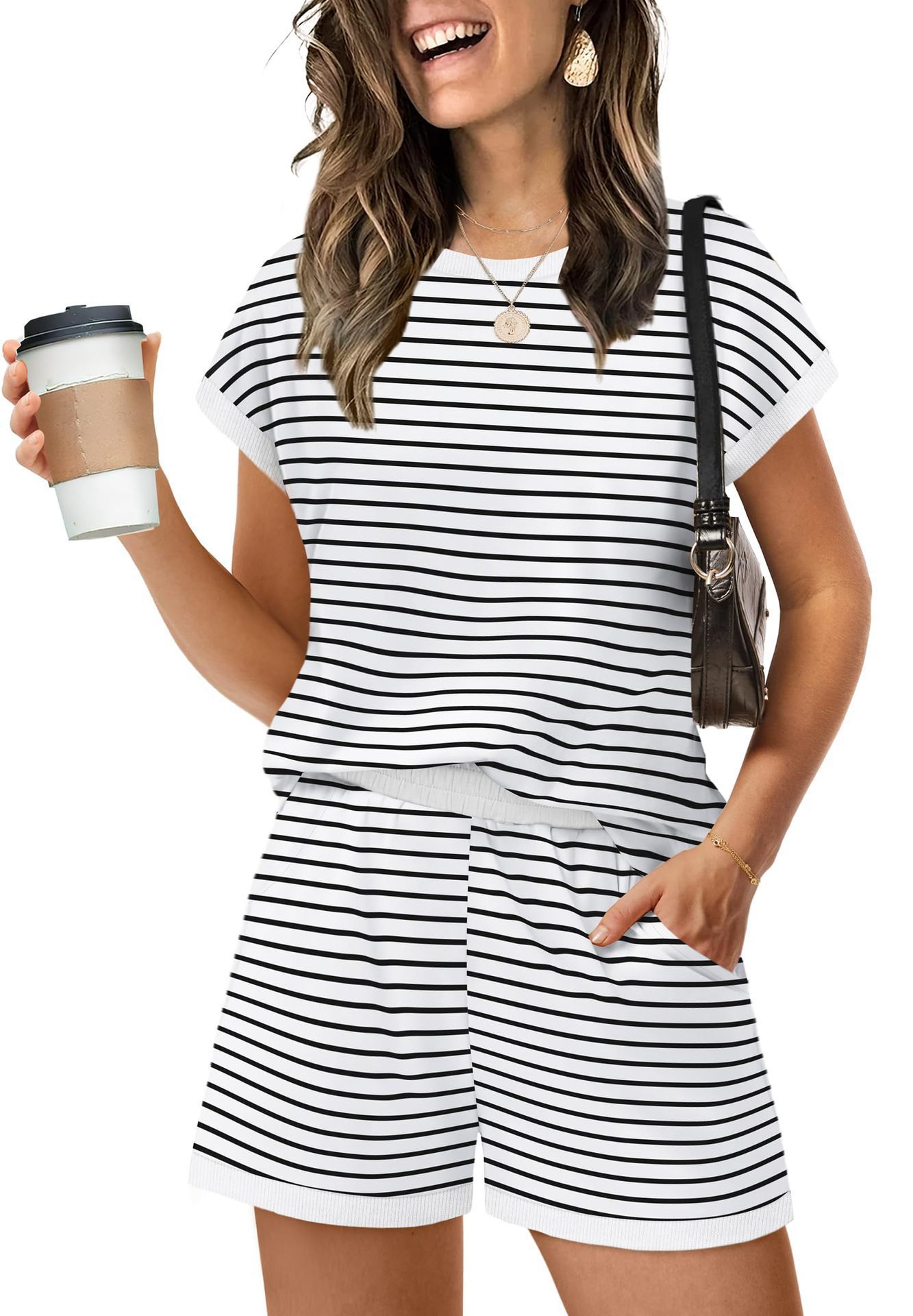 Women's Color-Block Striped Short-Sleeve Tee & Shorts Two-Piece Set