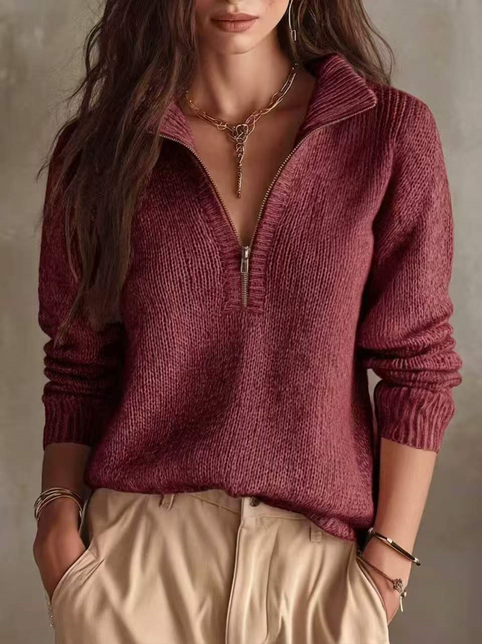 Slim-Fit Half-Zip Knit Pullover Solid Color Casual Top