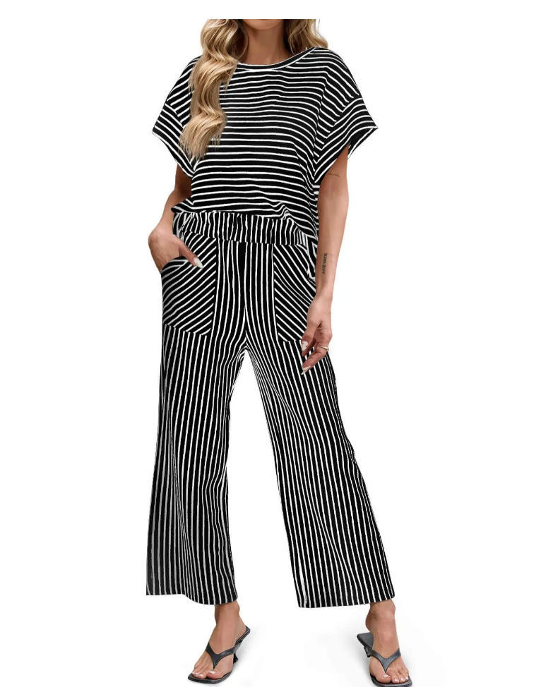 Women's Striped Two-Piece Set Short-Sleeve T-Shirt & Wide-Leg Pants with Pockets
