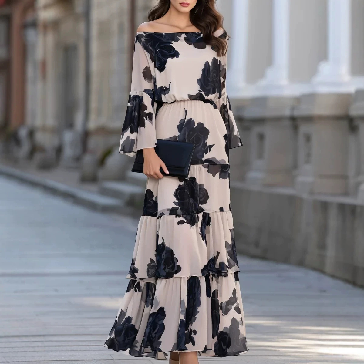 Off-Shoulder Floral Print Loose Long Dress with Bell Sleeves