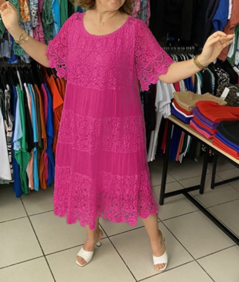 Elegant Solid Crewneck Short Sleeve Lace Trim Dress