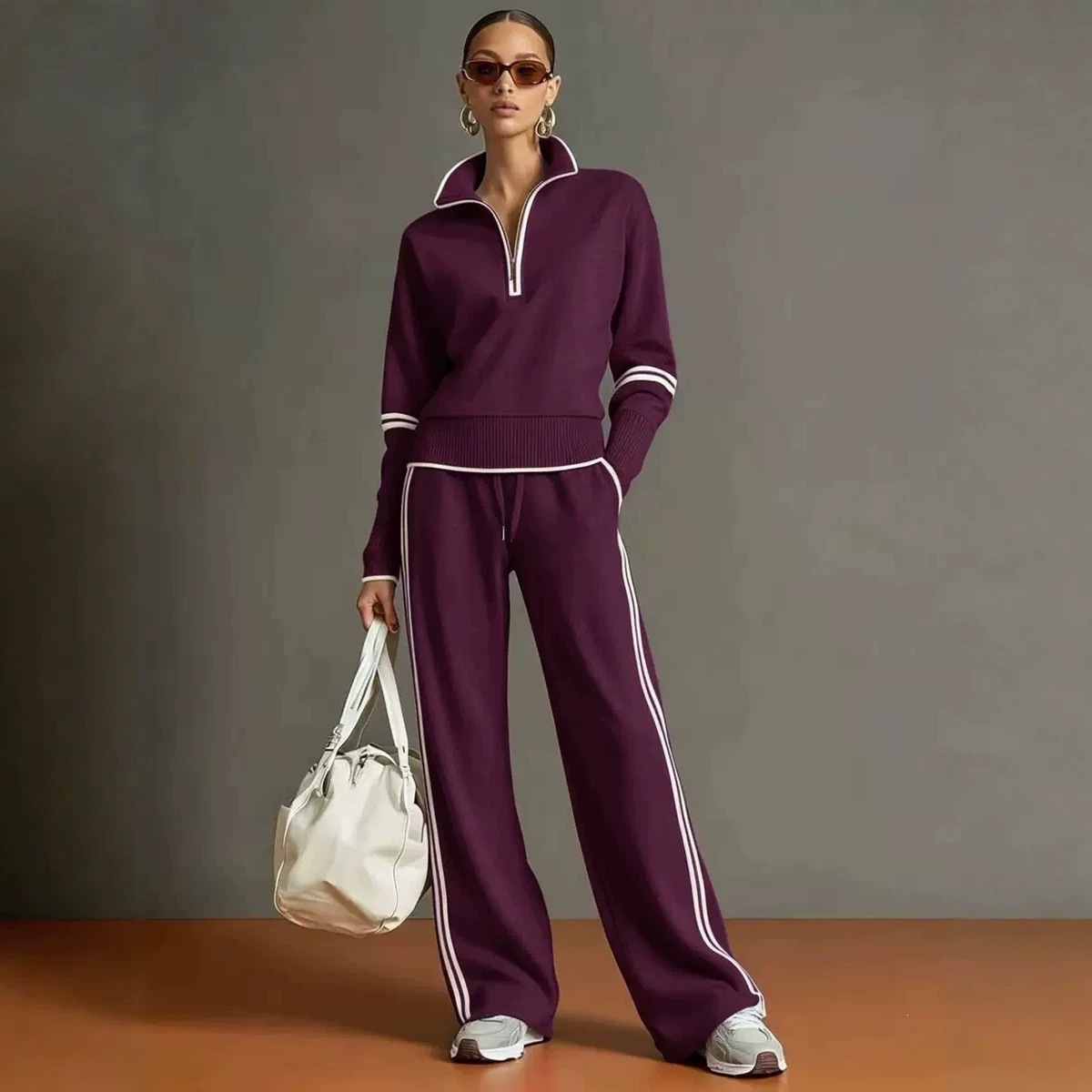 Amazon 2026 New Cross-Border Casual Sportswear Set European American Style Color-Block Stand Collar Hoodie Wide-Leg Pants Two-Piece Set