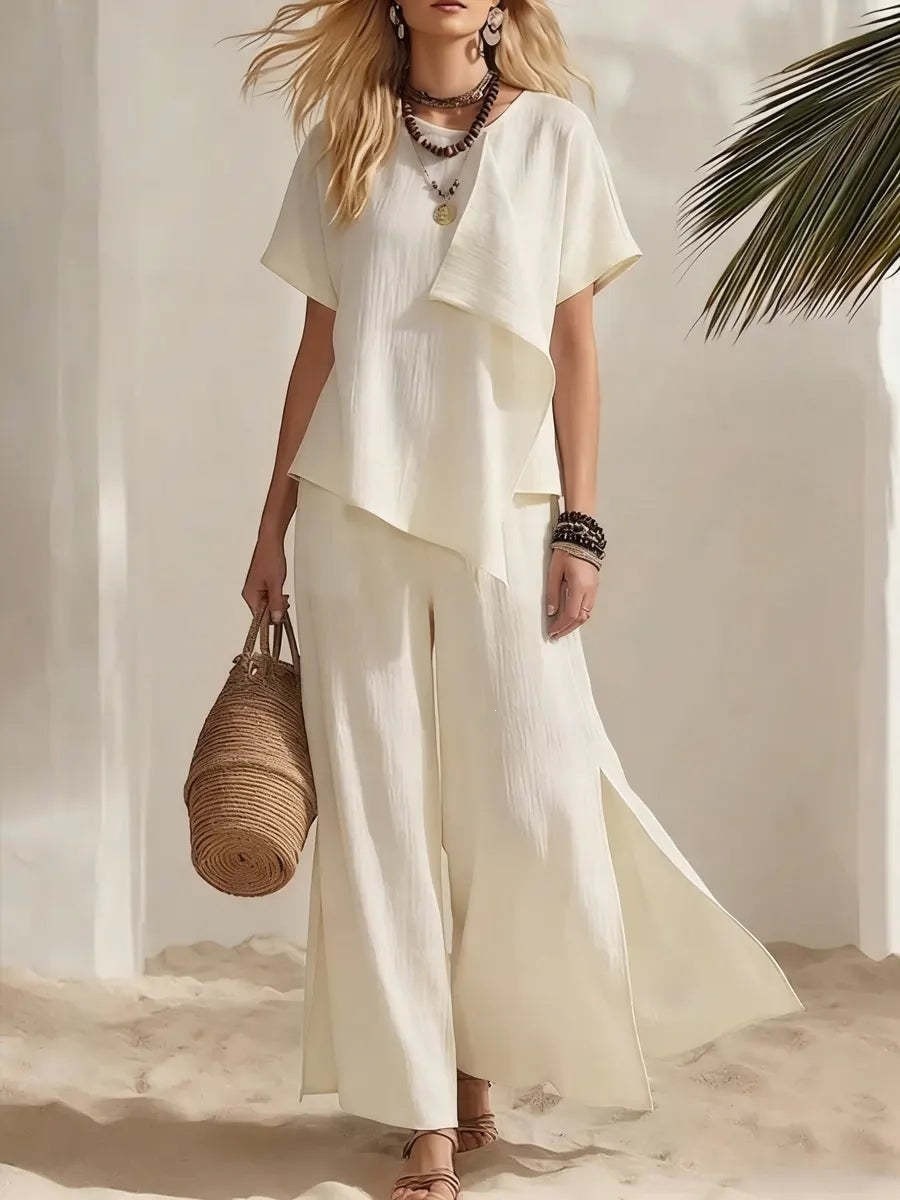 Women's Casual Asymmetric Short Sleeve Top and Slit Wide Leg Pants Set