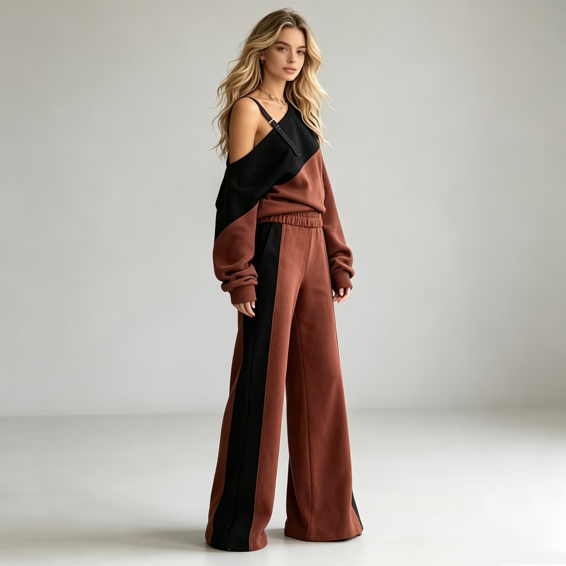 Women's Colorblock One-Shoulder Sweatshirt & Wide-Leg Pants Set