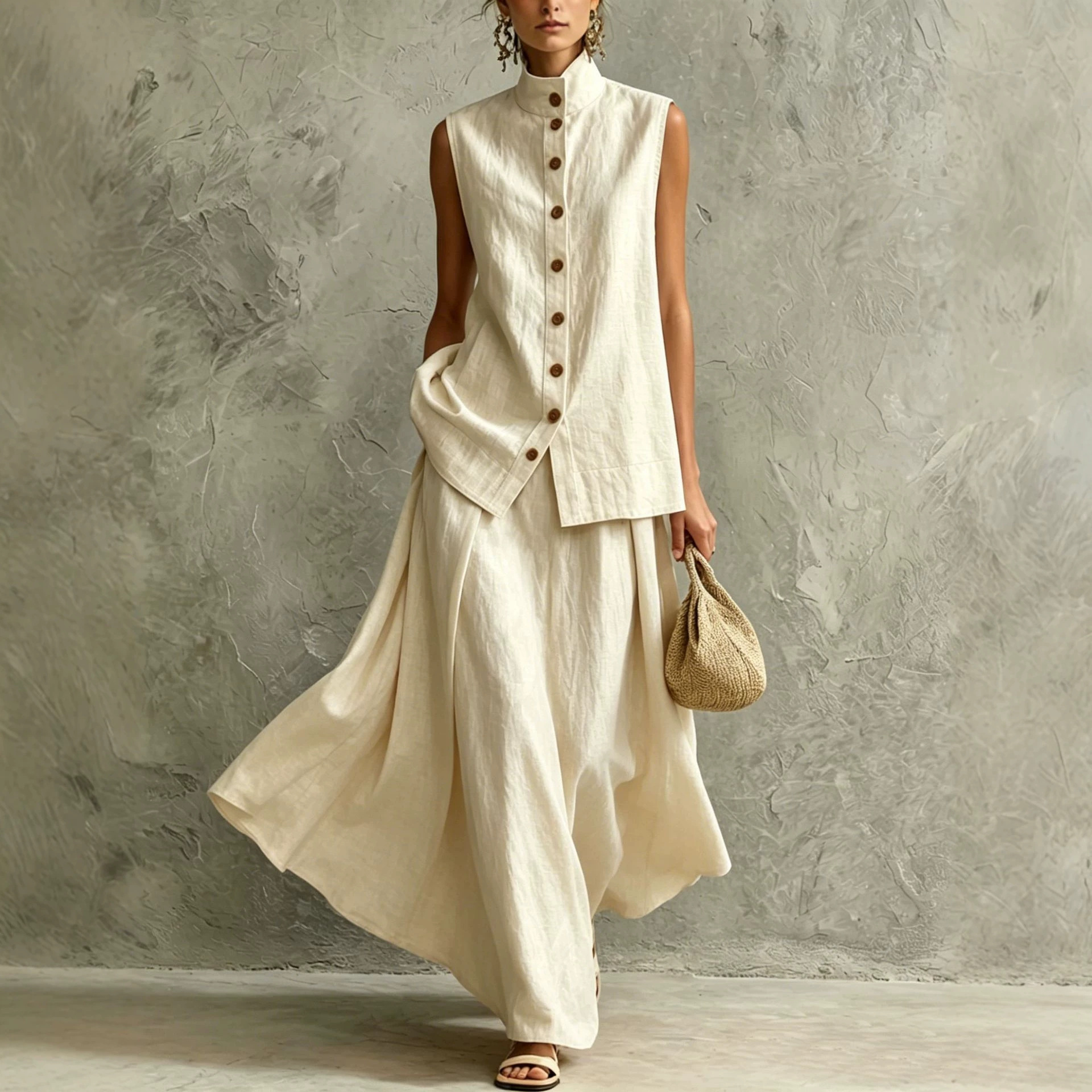 Women's Solid Color Button-Down Shirt and Midi Skirt Set