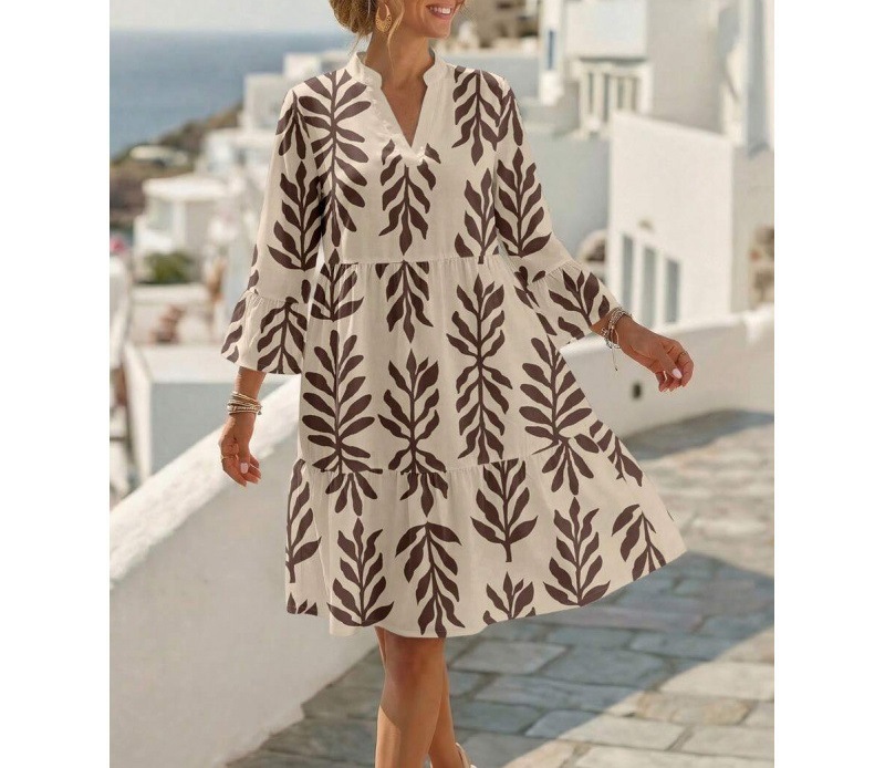 Boho V-Neck Midi Dress Floral Print Bell Sleeve A-Line