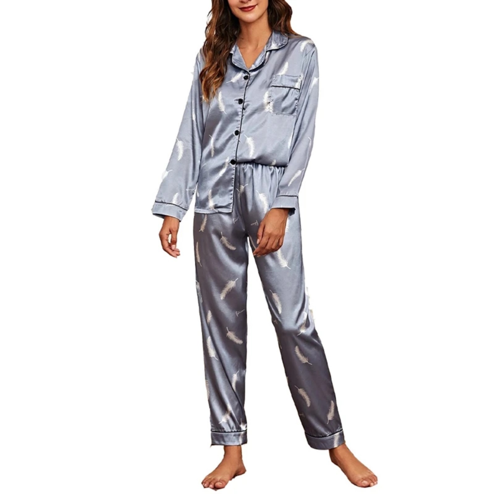 Women's Cuban Collar Polka Dot Leopard Moon Print Long Sleeve Loungewear Set
