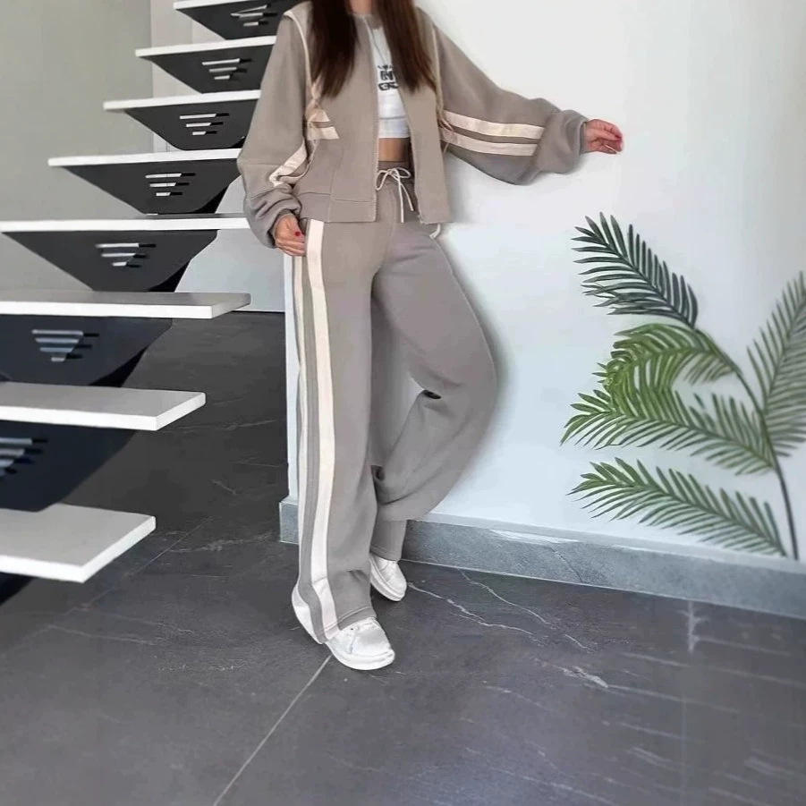 Women's Colorblock Two-Piece Casual Sweatsuit Set Long Sleeve Cardigan Top and Pants