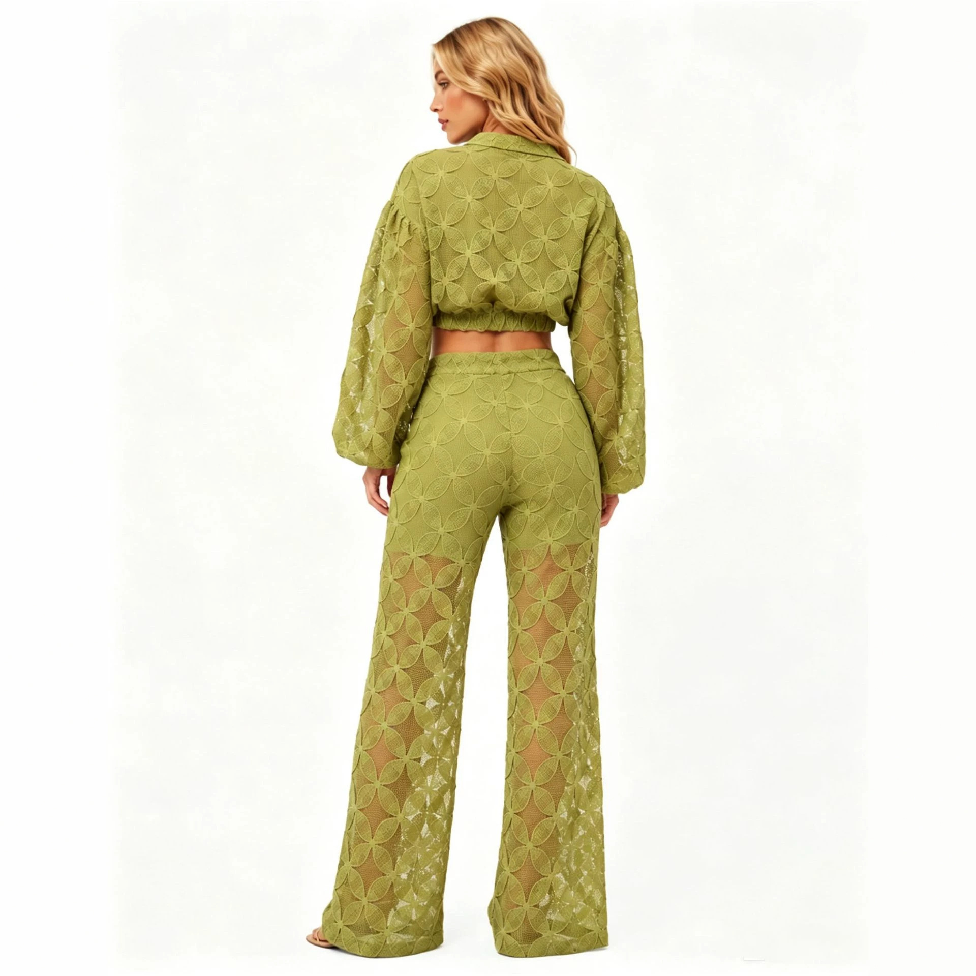 French Vintage Women's Cutout Long Sleeve Top and Pants Set