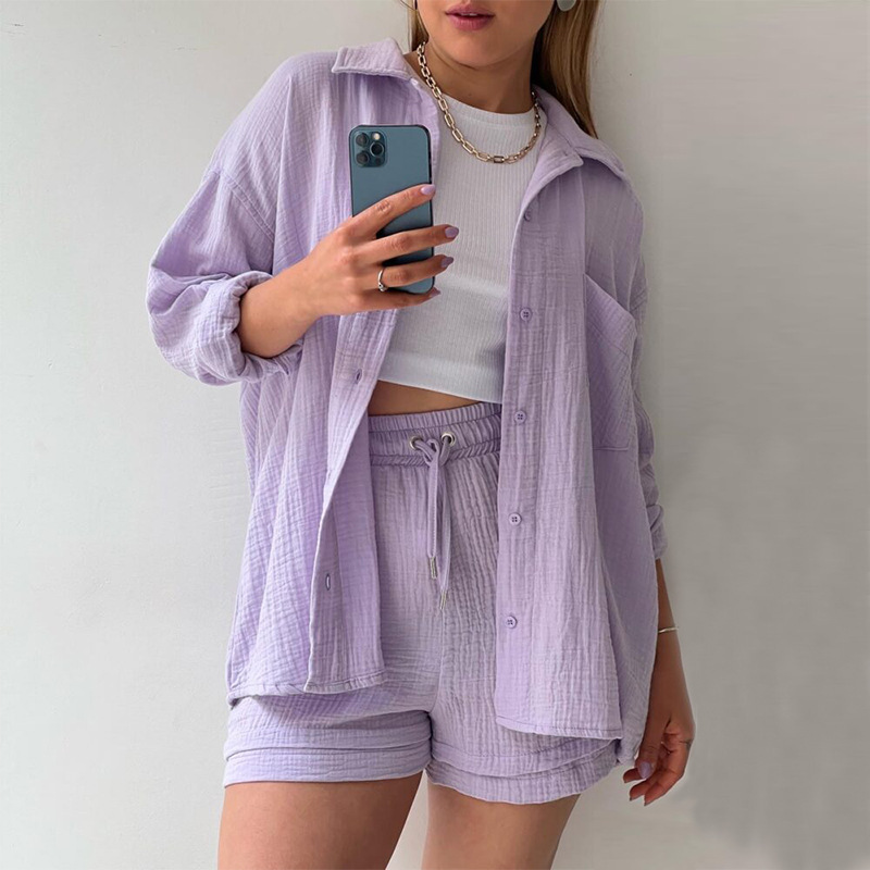 Women's Crinkle Fabric Collared Long Sleeve Shirt and High Waist Drawstring Shorts Set