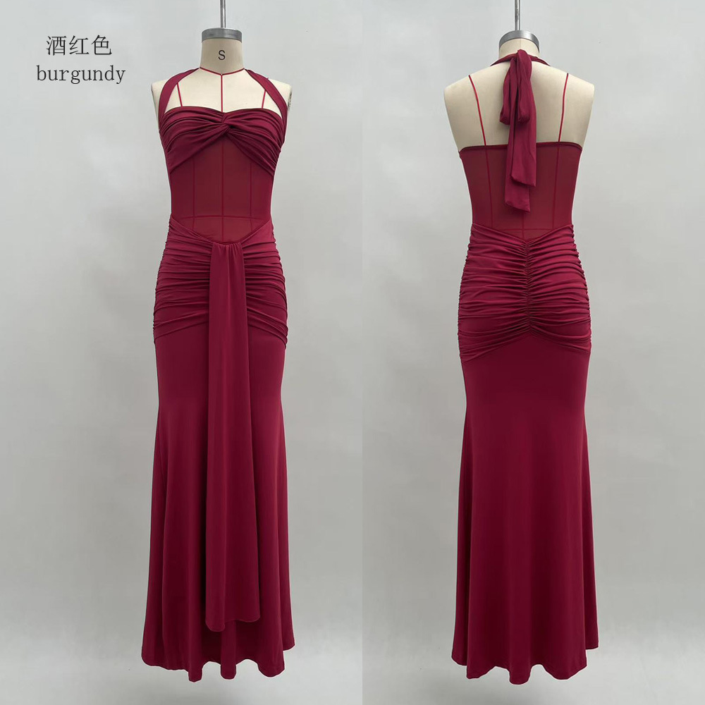 Women's Ruched Backless Bodycon Long Dress