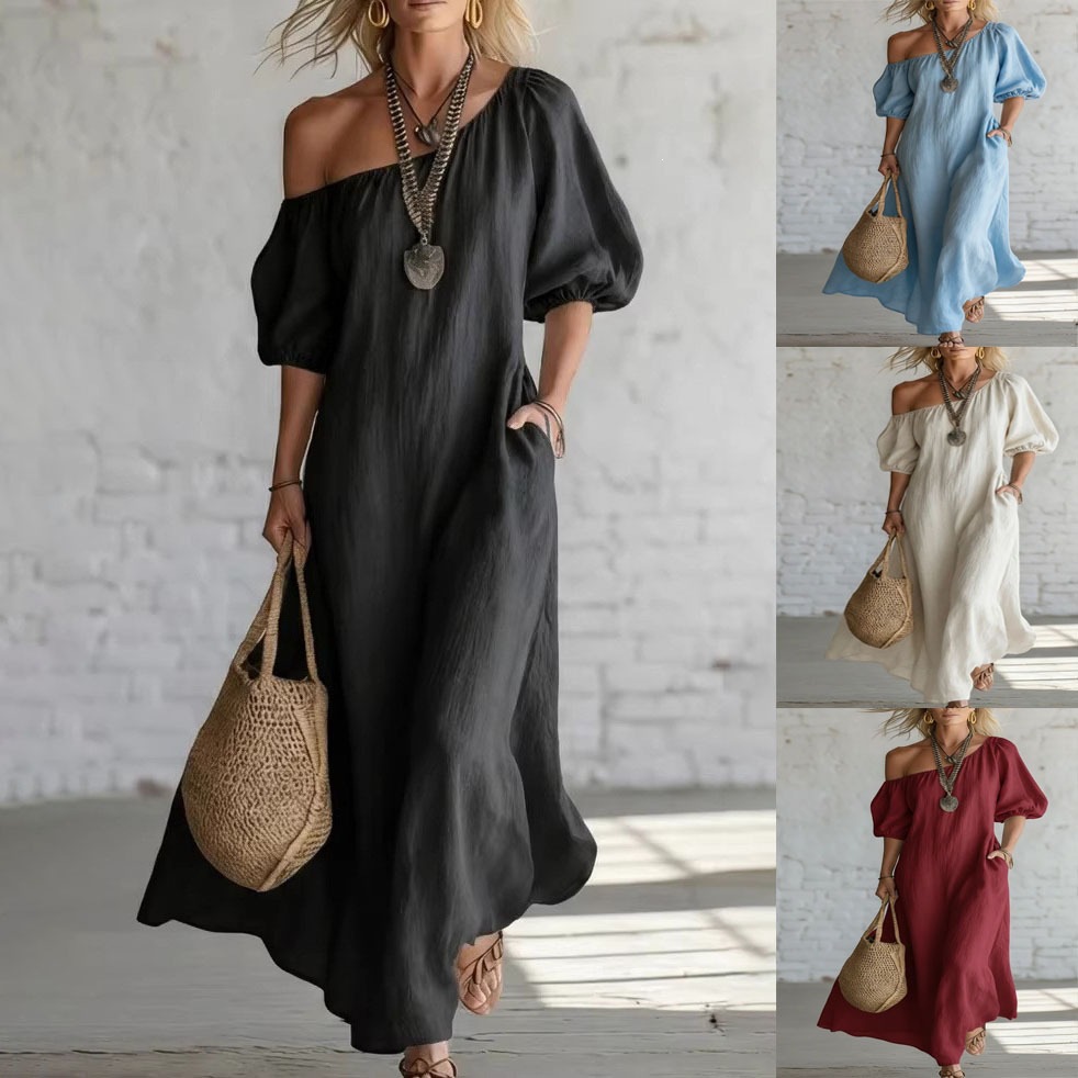 Women's Summer Solid Color Loose Off-Shoulder Vintage Long Cotton-Linen Dress