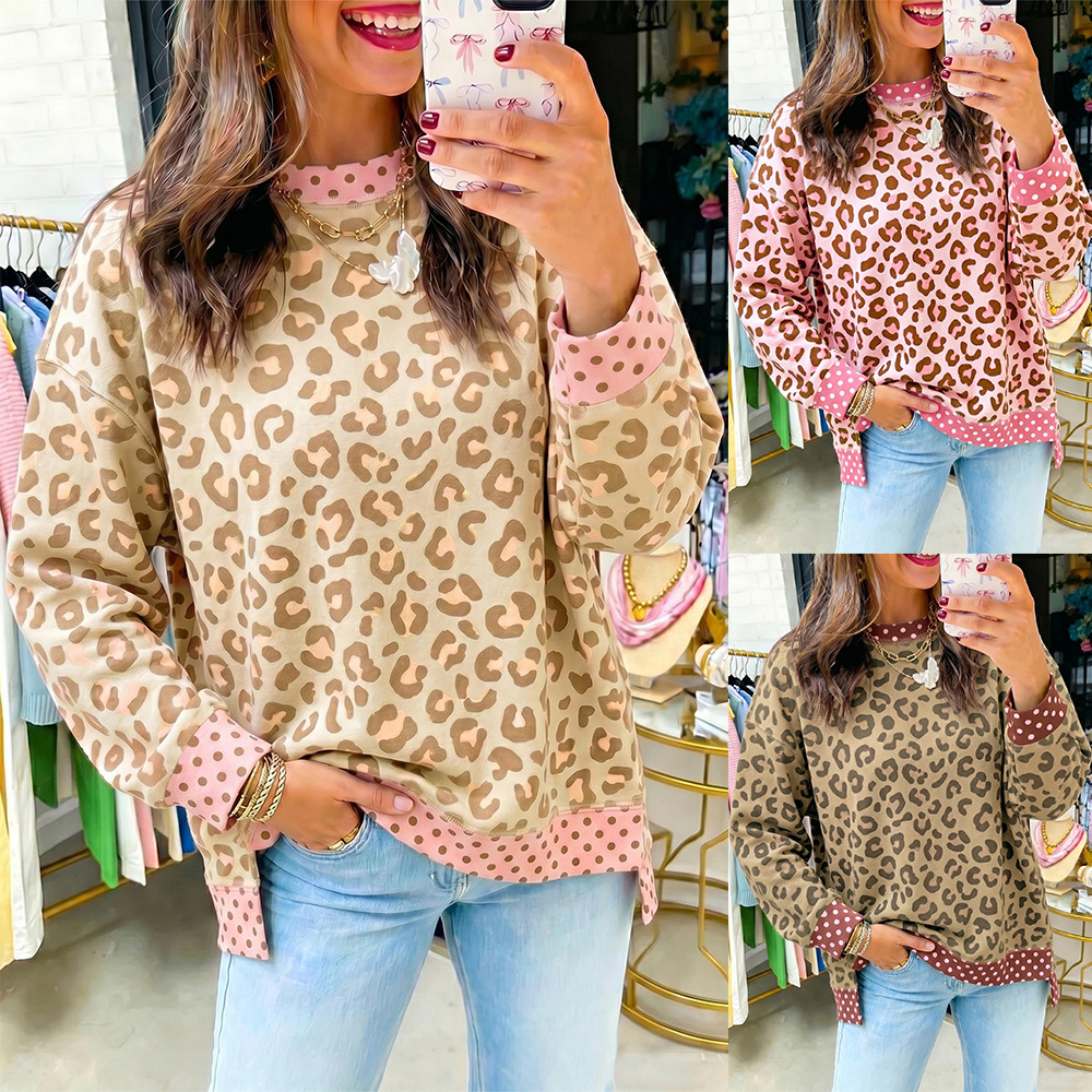 Women's Leopard Print Polka Dot Colorblock Loose Crewneck Sweatshirt