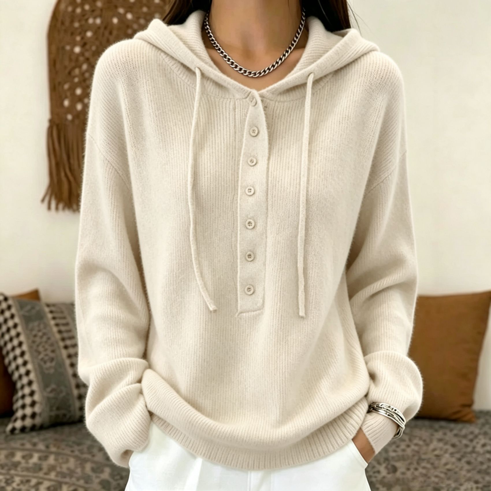 Women's Solid Color Long Sleeve Hooded Lace-Up Knit Pullover Sweater