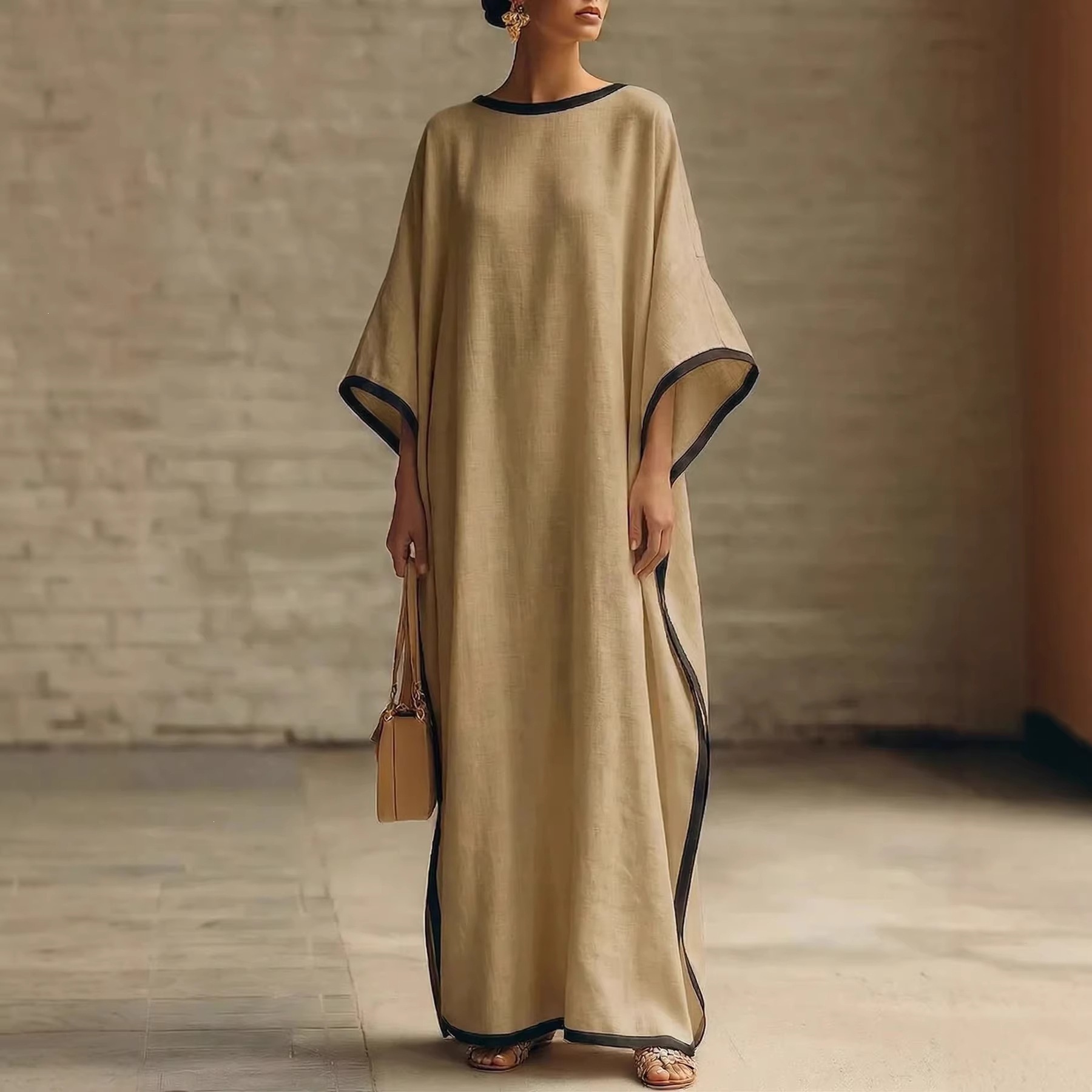 Women's Vintage Round Neck Batwing Sleeve Long Dress