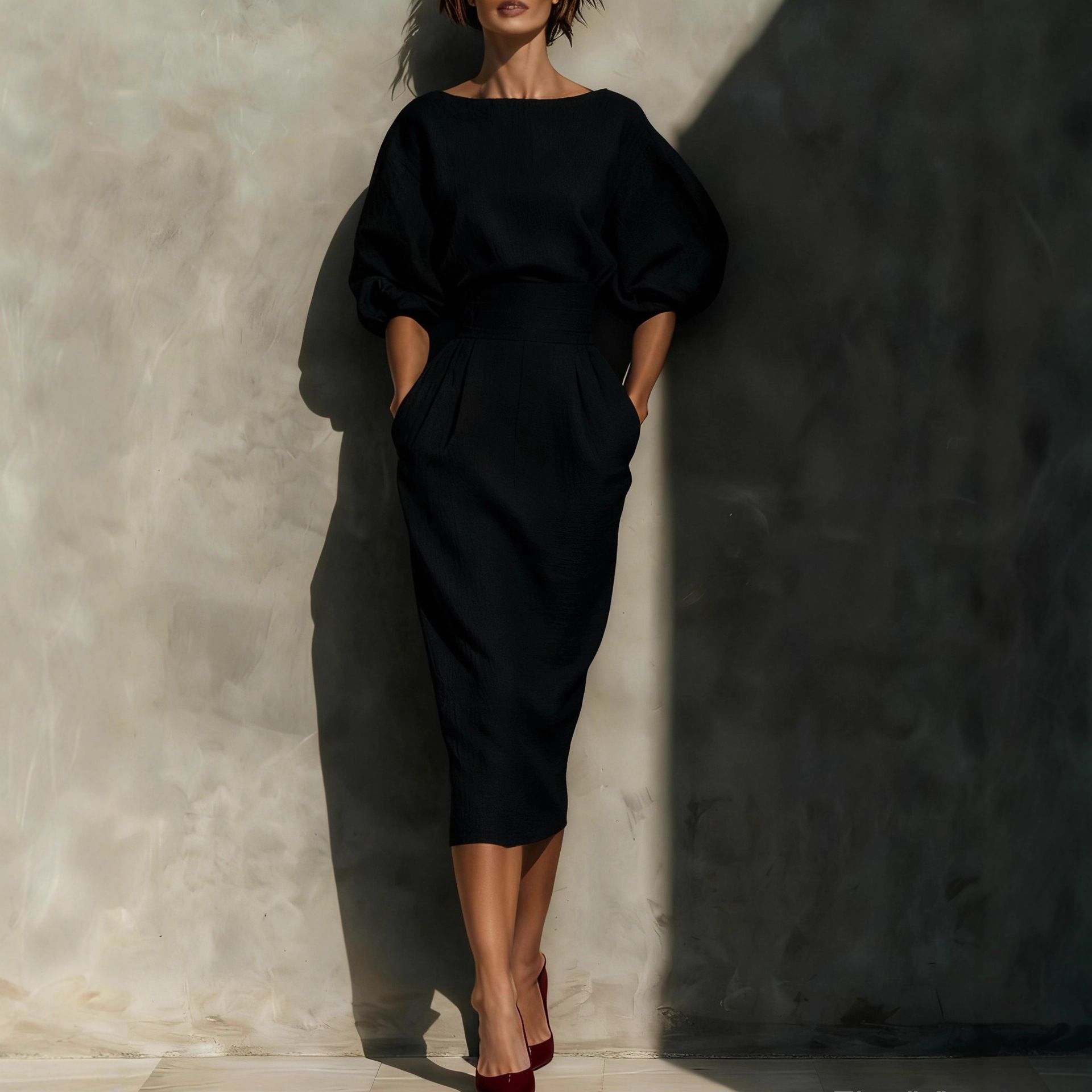 Plus Size Cotton-Blend Midi Dress with Round Neck and Puff Sleeves