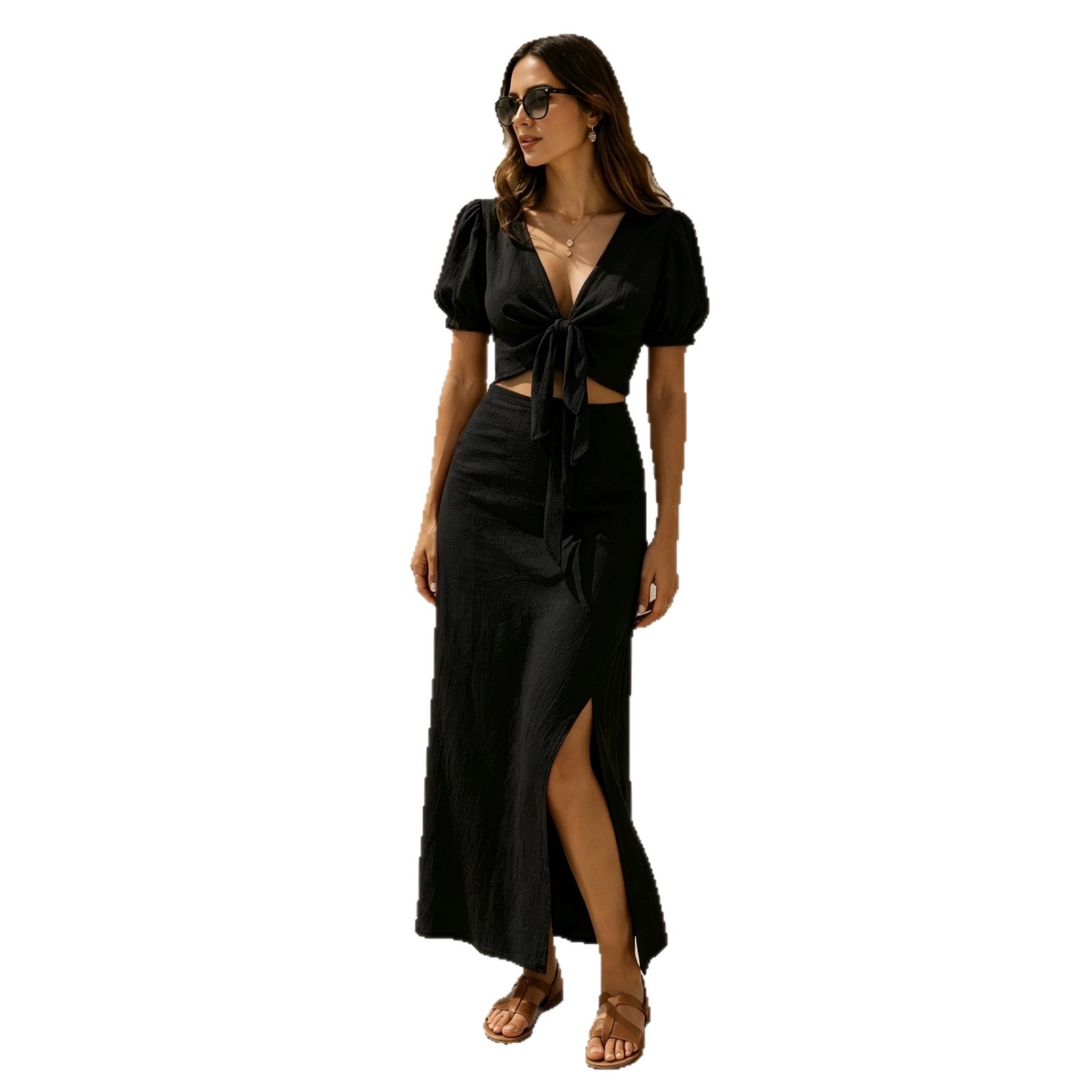 Women's Casual Short Sleeve Slit Dress Two-Piece Set