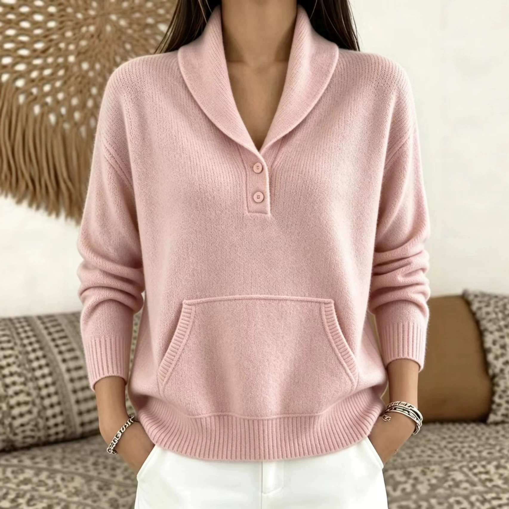 Suit-Collar Button Kangaroo Pocket Sweater for Women