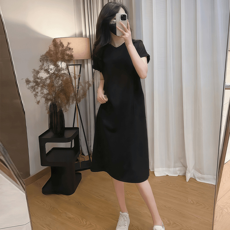 Women's Casual Slit Midi Dress Korean Style Loose Fit Short Sleeve Round Neck A-Line